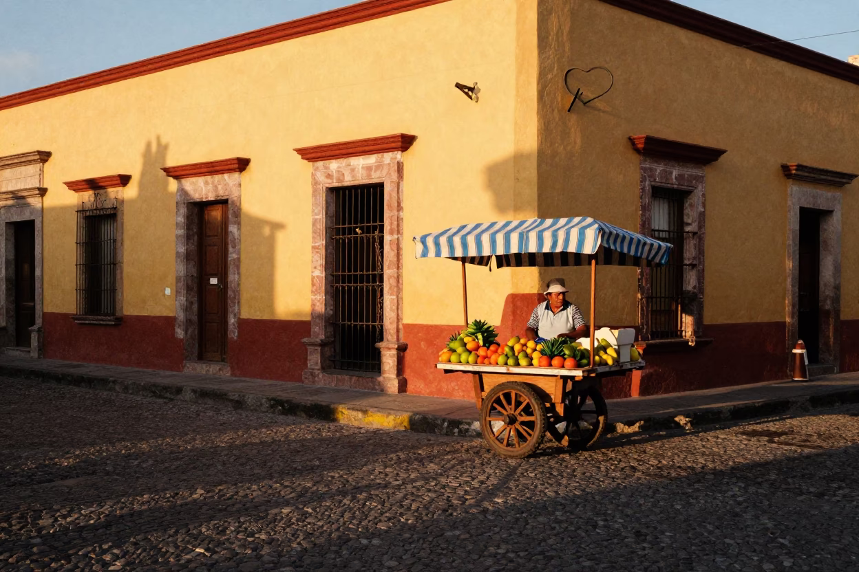 Honeyed Evening Light Illuminates Colorful Street Corner in Merida Mexico in in Merida, Mexico