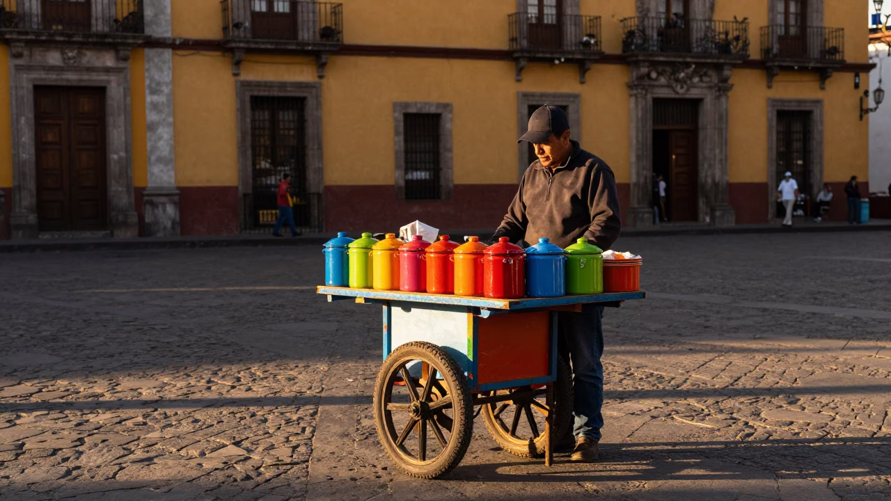 Honeyed Evening Light Illuminates Colorful Street Vendor Stall in Mexico City in in Mexico City, Mexico