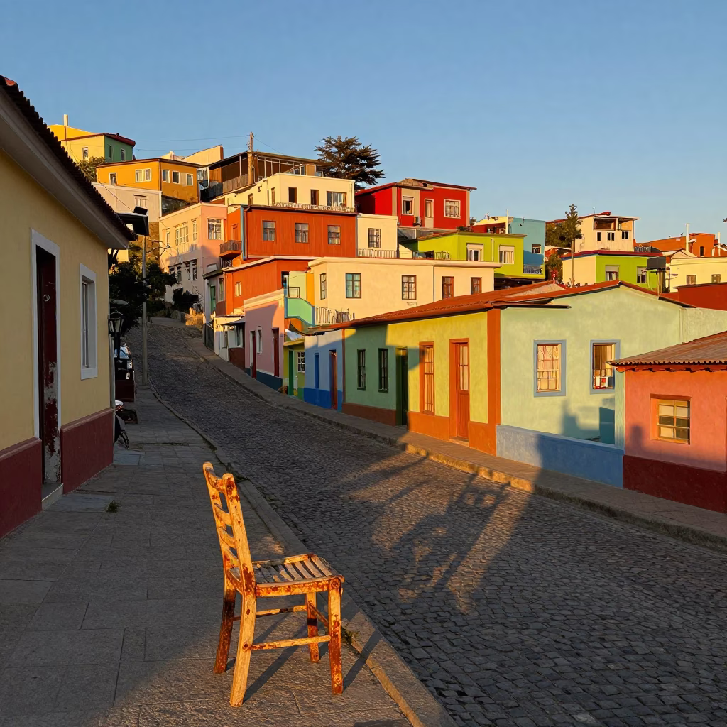 Honeyed Evening Light Illuminates Colorful Valparaiso Street Scene with Rustic Chair and Local Interaction in in Valparaiso, Chile