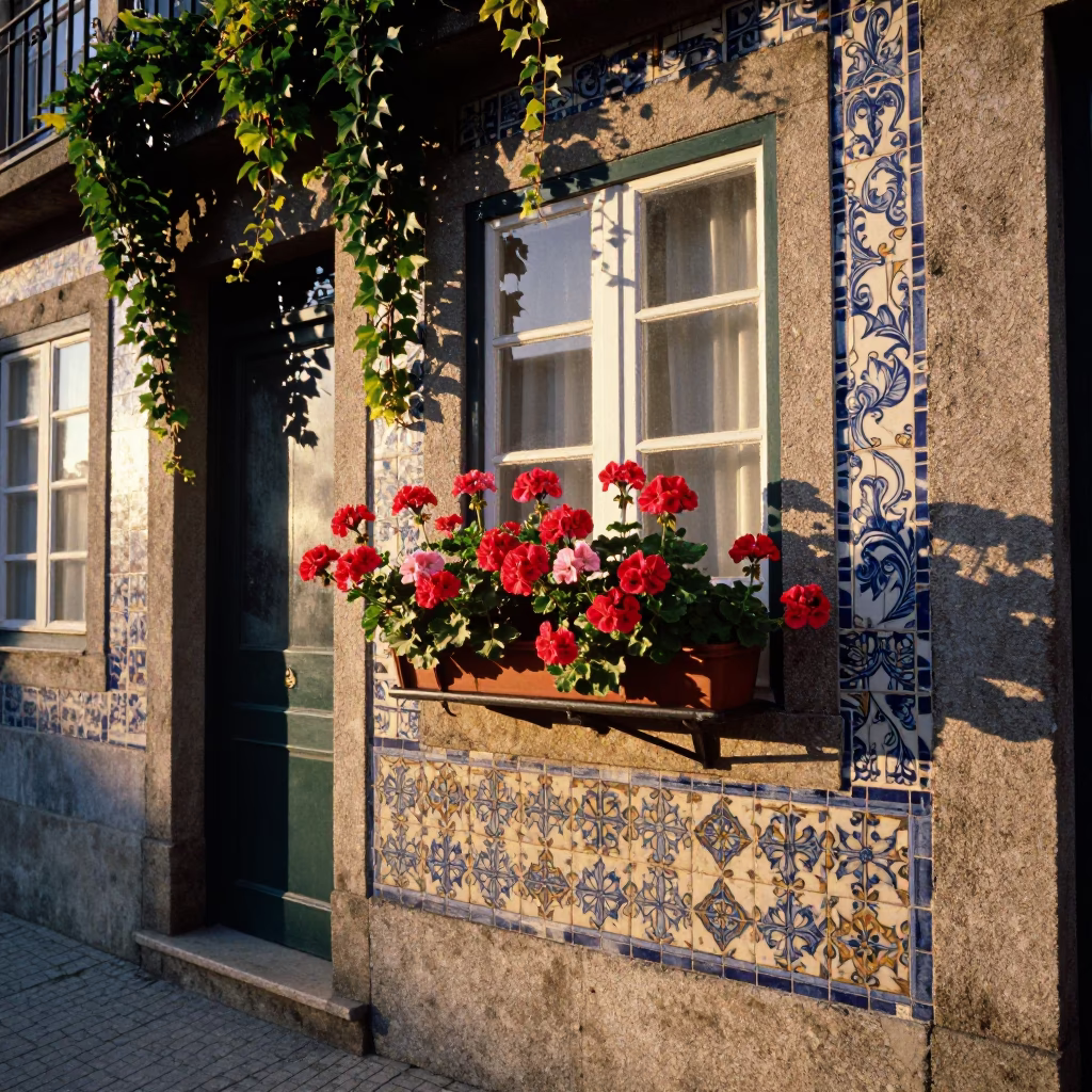 Honeyed Evening Light Illuminates Colorful Window Boxes on Porto Portugal Historic Facade in in Porto, Portugal