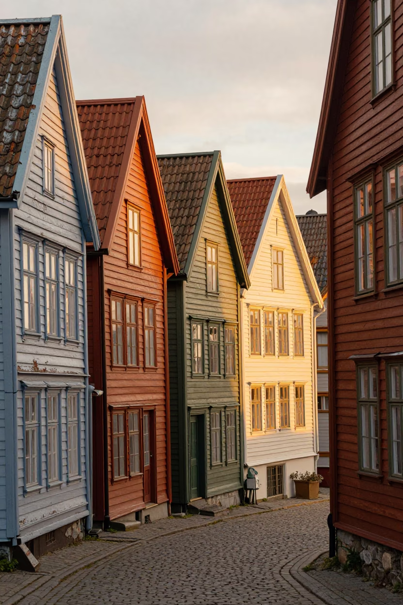 Honeyed Evening Light Illuminates Colorful Wooden House Facades Along Bergen Norway Wharf in in Bergen, Norway