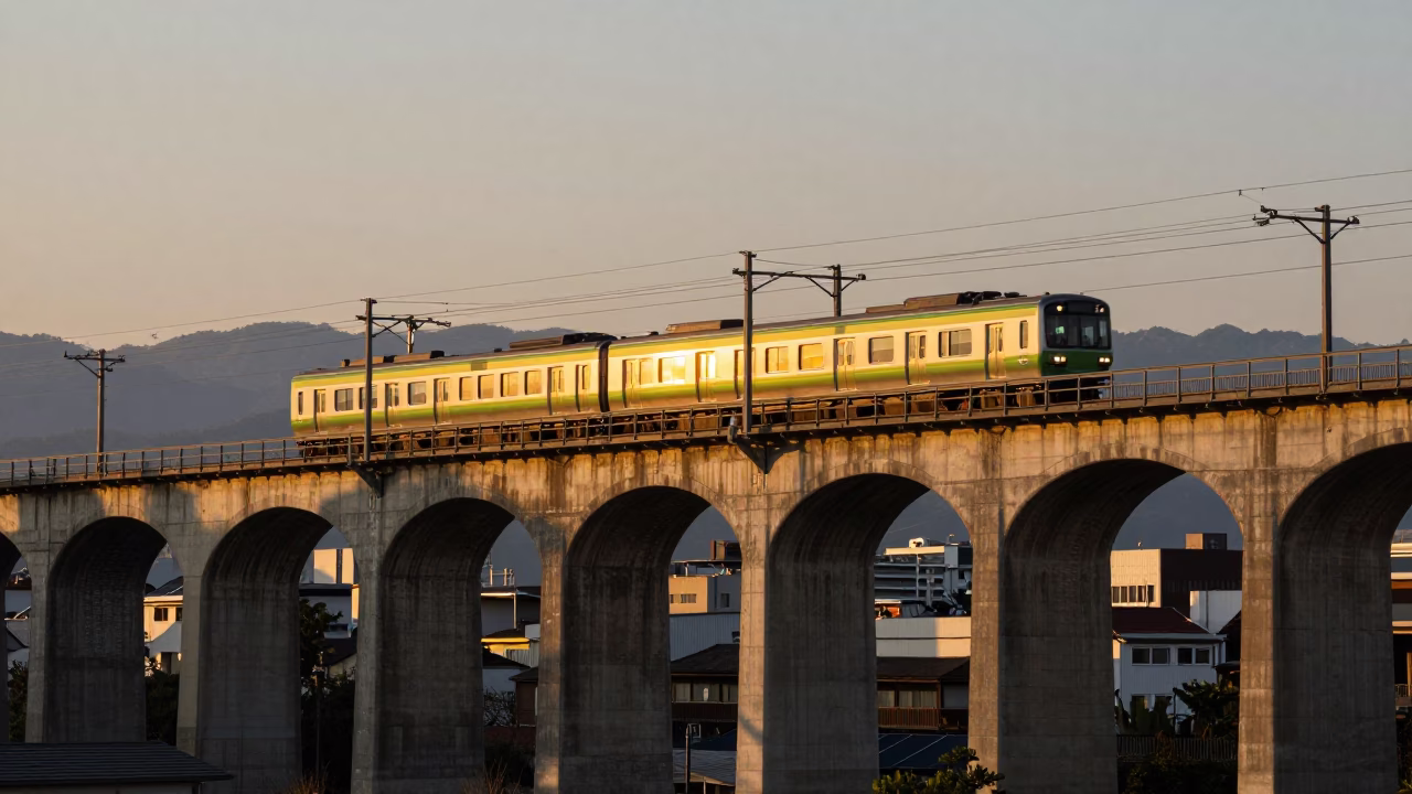 Honeyed Evening Light Illuminates Fukuoka Railway Viaduct and Passing Train in in Fukuoka, Japan