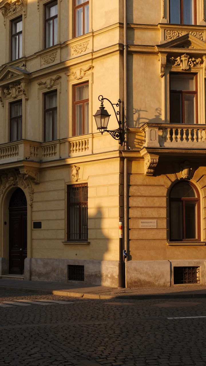 Honeyed Evening Light Illuminates Historic Budapest Street Corner with Lantern and Apricots in in Budapest, Hungary