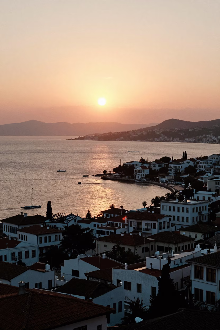 Honeyed Evening Light Illuminates Izmir Turkey Coastal Horizon and Local Street Life in in Izmir, Turkey