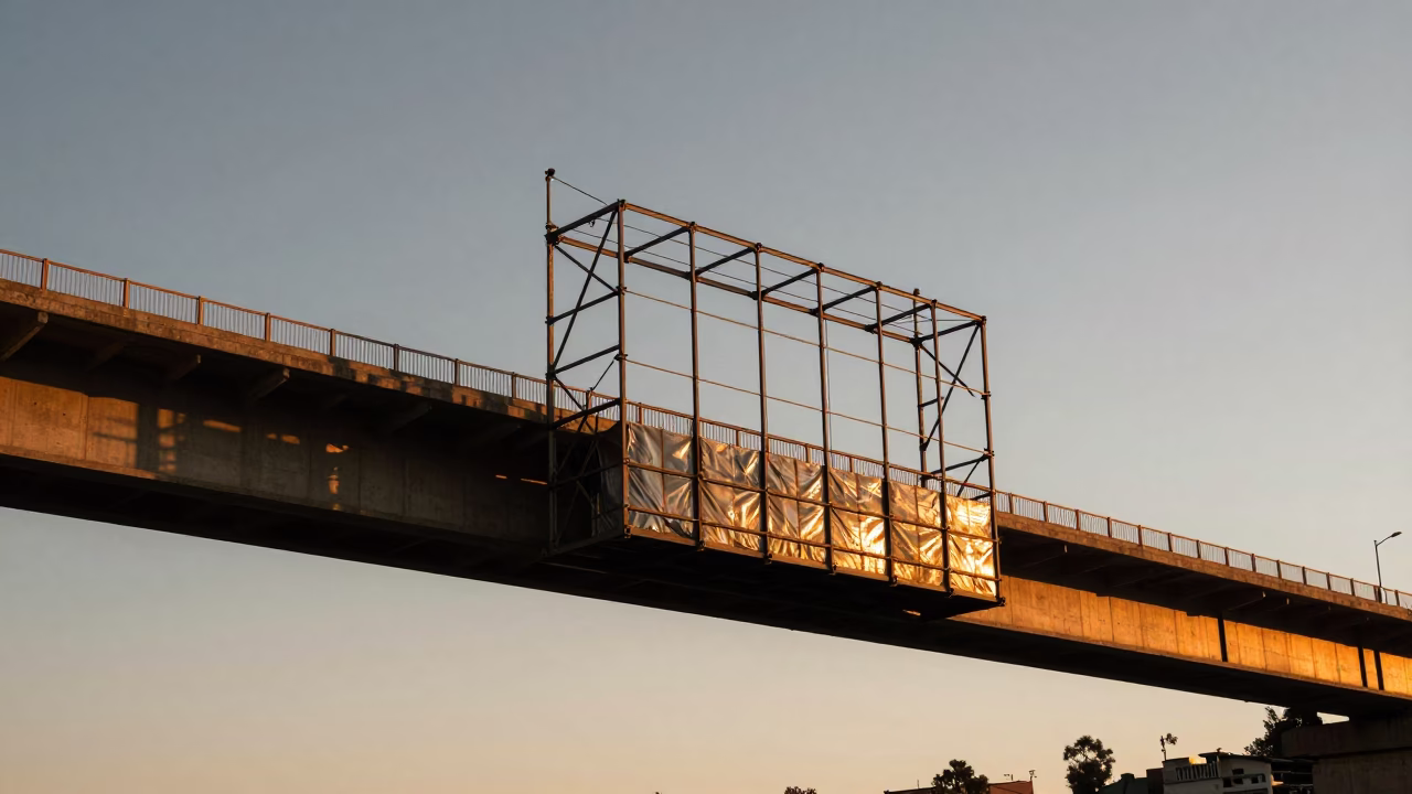 Honeyed Evening Light Illuminates La Paz Bridge Maintenance Cage and Urban Landscape in in La Paz, Bolivia