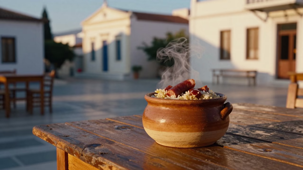 Honeyed Evening Light Illuminates Rustic Clay Pot and Storage Tins on Athens Street Table in in Athens, Greece