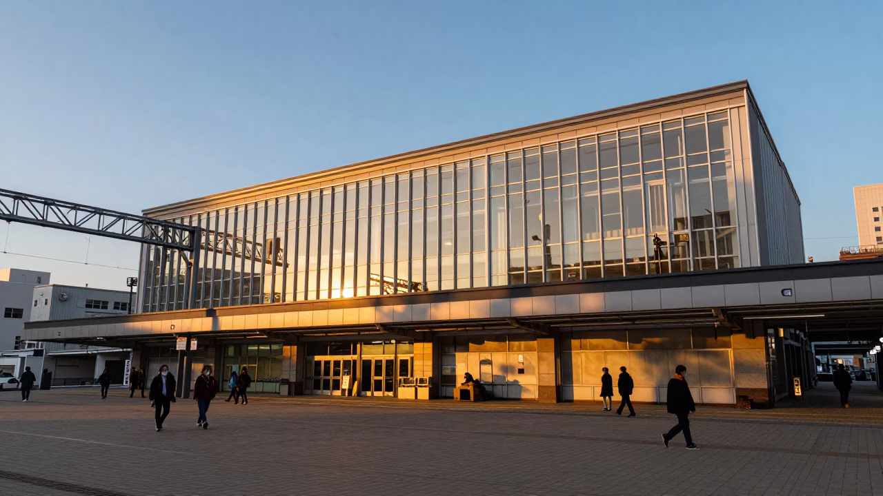 Honeyed Evening Light Illuminates Sapporo Railway Station Platform with Travelers and Luggage in in Sapporo, Japan