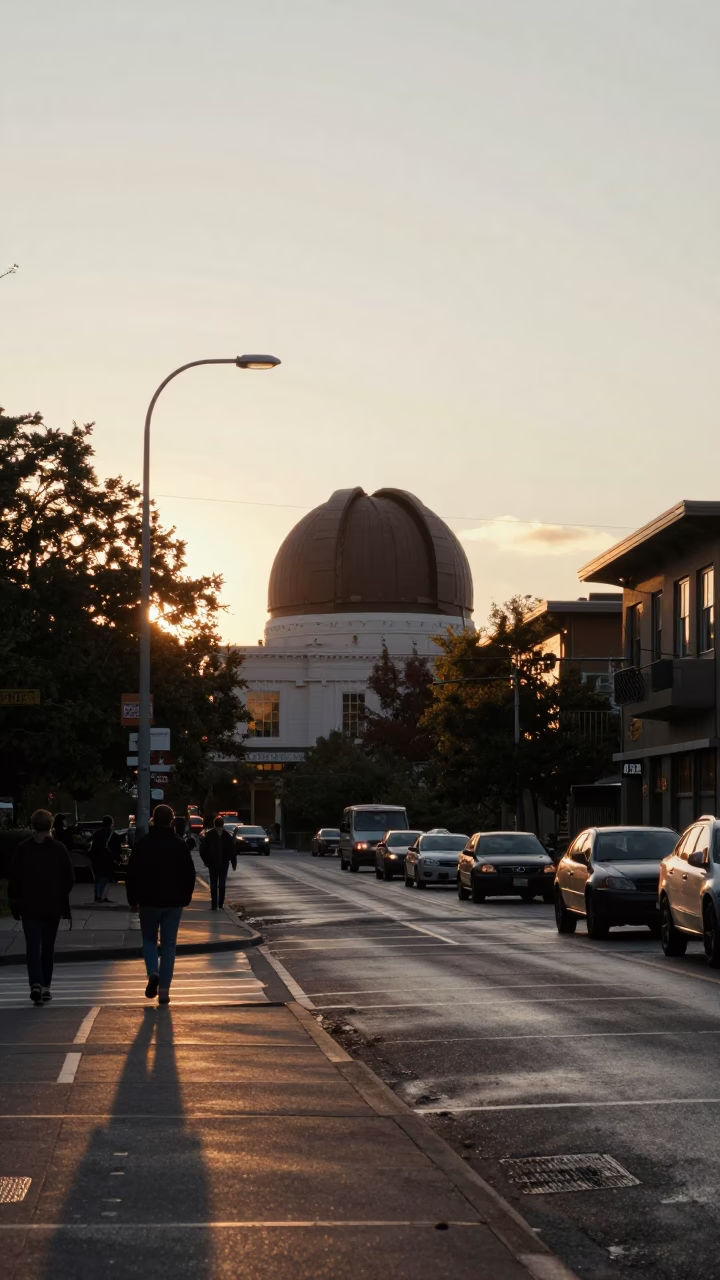 Honeyed Evening Light Illuminates Seattle Street Scene with Observatory Dome Silhouette and Urban Life in in Seattle, Washington, United States