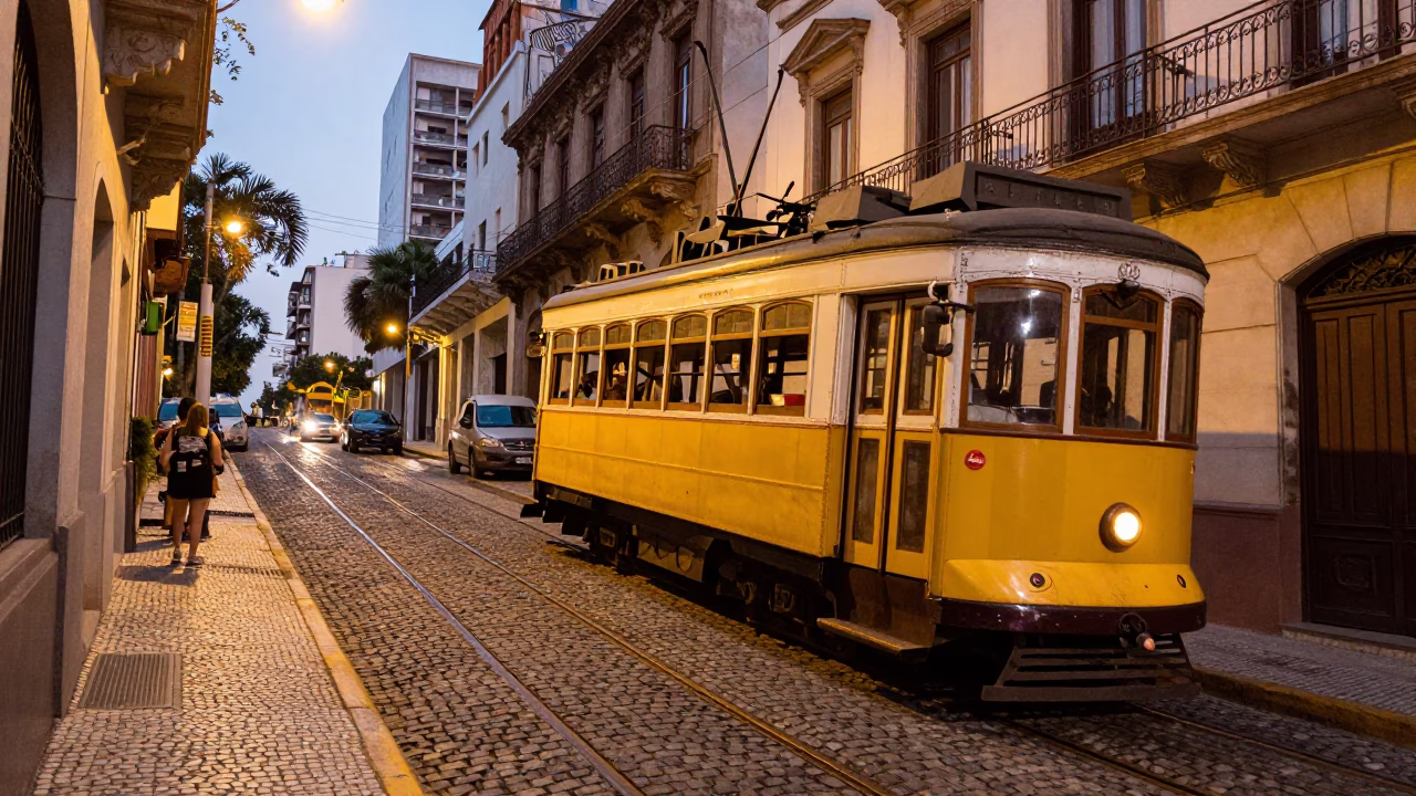 Honeyed Evening Light Illuminates Steep Buenos Aires Street with Historic Tram and Colorful Facades in in Buenos Aires, Argentina