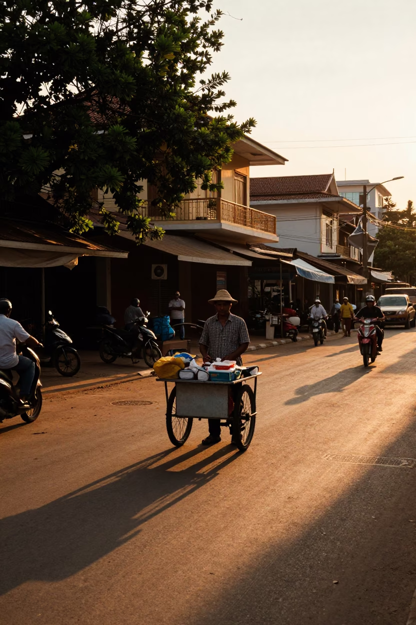 Honeyed Evening Light Illuminates Street Vendor and Pedestrians in Historic Phnom Penh Cambodia in in Phnom Penh, Cambodia