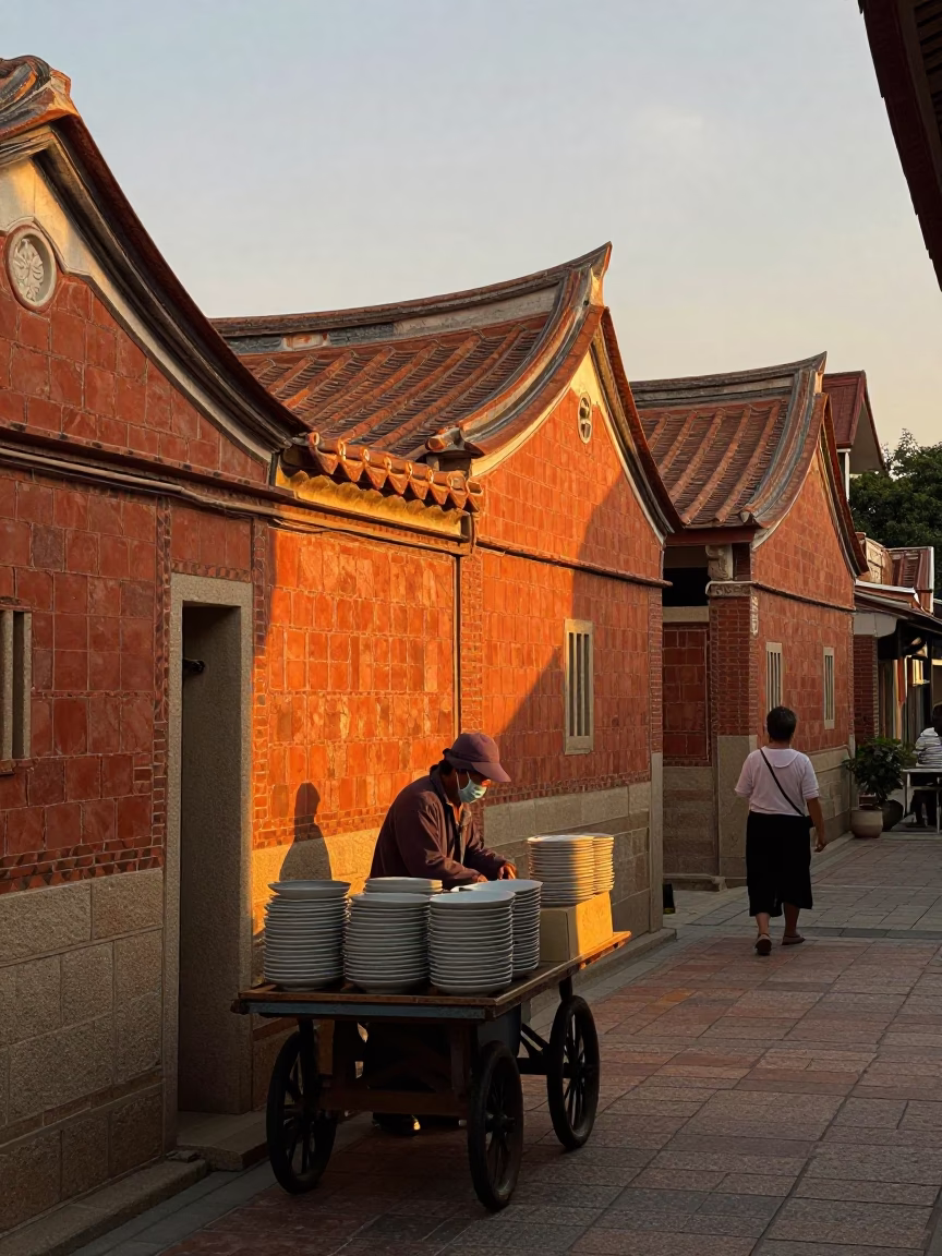 Honeyed Evening Light Illuminates Tainan Street Scene with Ceramic Plates and Rusty Frames in in Tainan, Taiwan