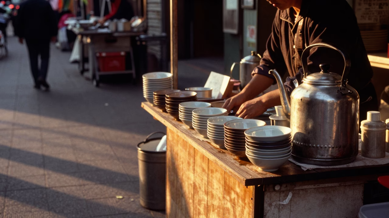 Honeyed Evening Light Illuminates Taipei Street Vendor Stall with Ceramic Bowls and Tea Stains in in Taipei, Taiwan