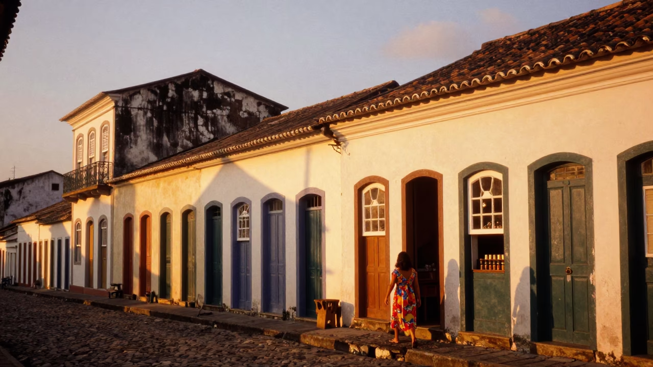 Honeyed Evening Light Illuminates Traditional Architecture and Street Life in Salvador Brazil in in Salvador, Brazil