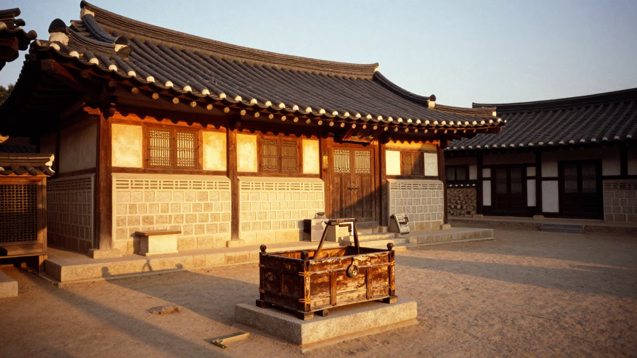 Honeyed Evening Light Illuminates Traditional Hanok Courtyard with Wooden Tool Caddies in Seoul in in Seoul, South Korea