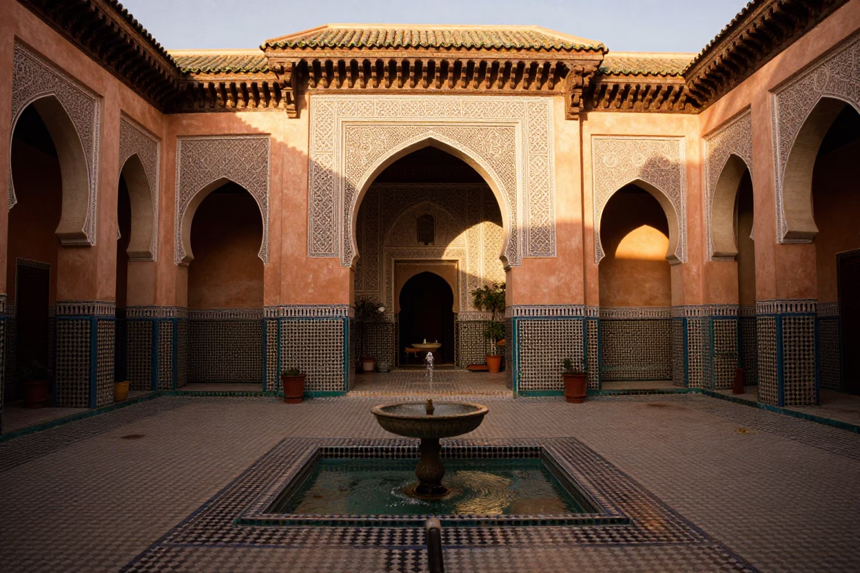 Honeyed Evening Light Illuminates Traditional Marrakech Riad Courtyard with Slippers and Vase in in Marrakech, Morocco
