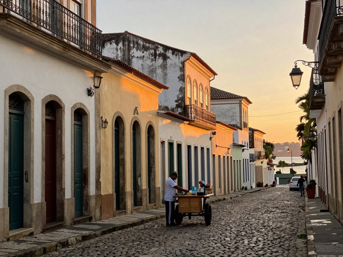 Honeyed Evening Light Illuminates Traditional Salvador Bahia Street Scene with Local Commerce in in Salvador, Brazil
