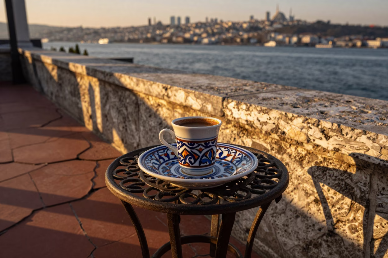 Honeyed Evening Light Illuminates Traditional Turkish Coffee Cup and Ceramic Plate on Bosphorus Terrace in in Istanbul, Turkey