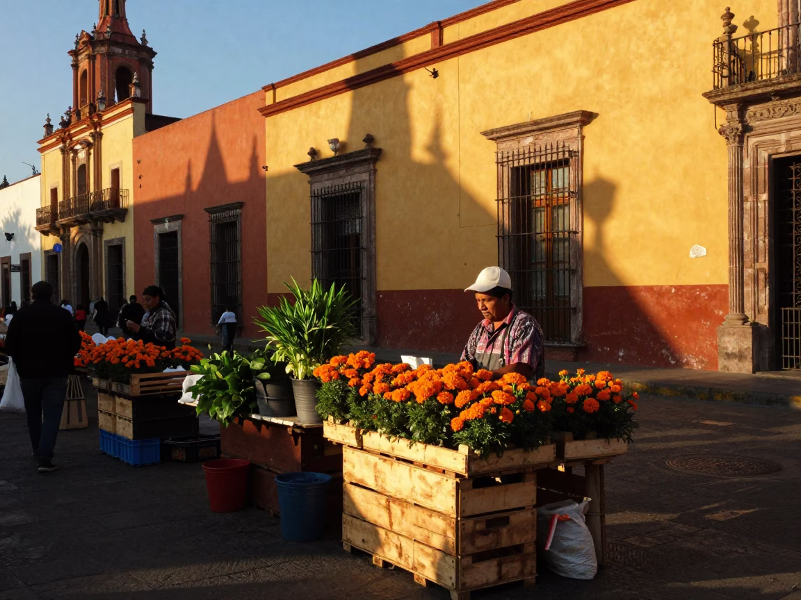 Honeyed Evening Light Illuminates Vibrant Market Stalls and Pedestrians in Historic Mexico City Center in in Mexico City, Mexico
