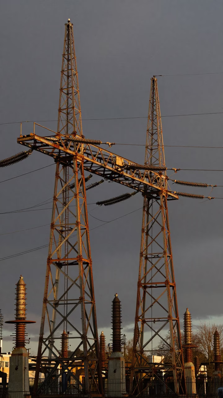 Honeyed Evening Light Illuminates Vintage Power Substation Lattice and Railway Signal Gantry in London in in London, United Kingdom