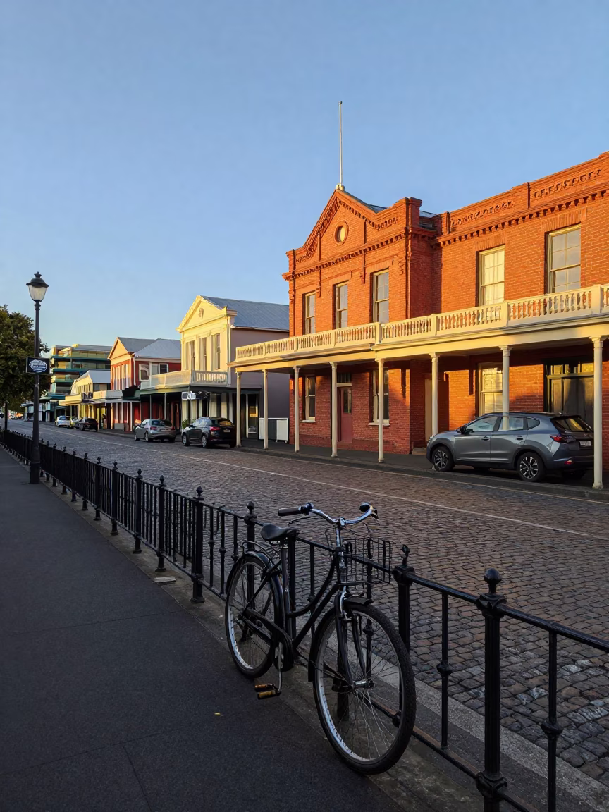 Honeyed Evening Light Illuminating a Wellington New Zealand Street Scene with Vintage Details in in Wellington, New Zealand