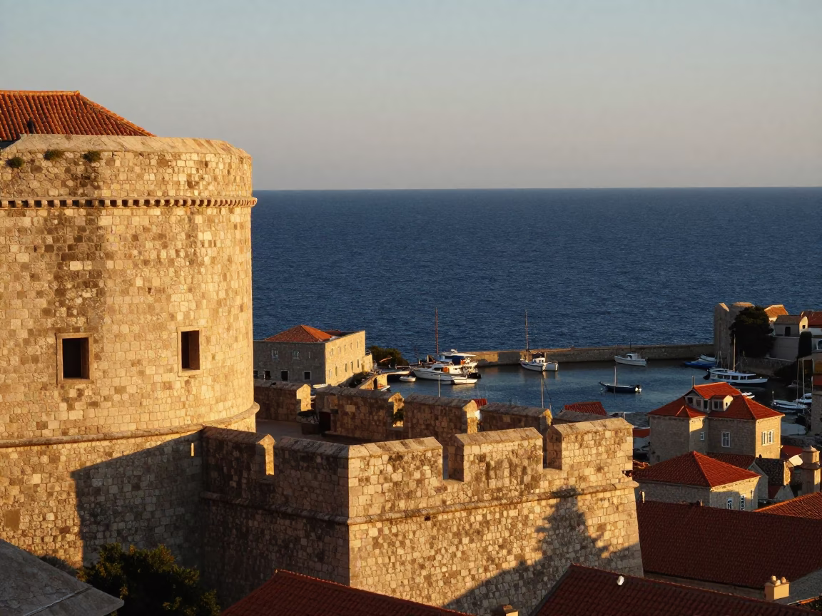 Honeyed Evening Light Illuminating Ancient Stone Walls and Harbor in Dubrovnik Croatia in in Dubrovnik, Croatia