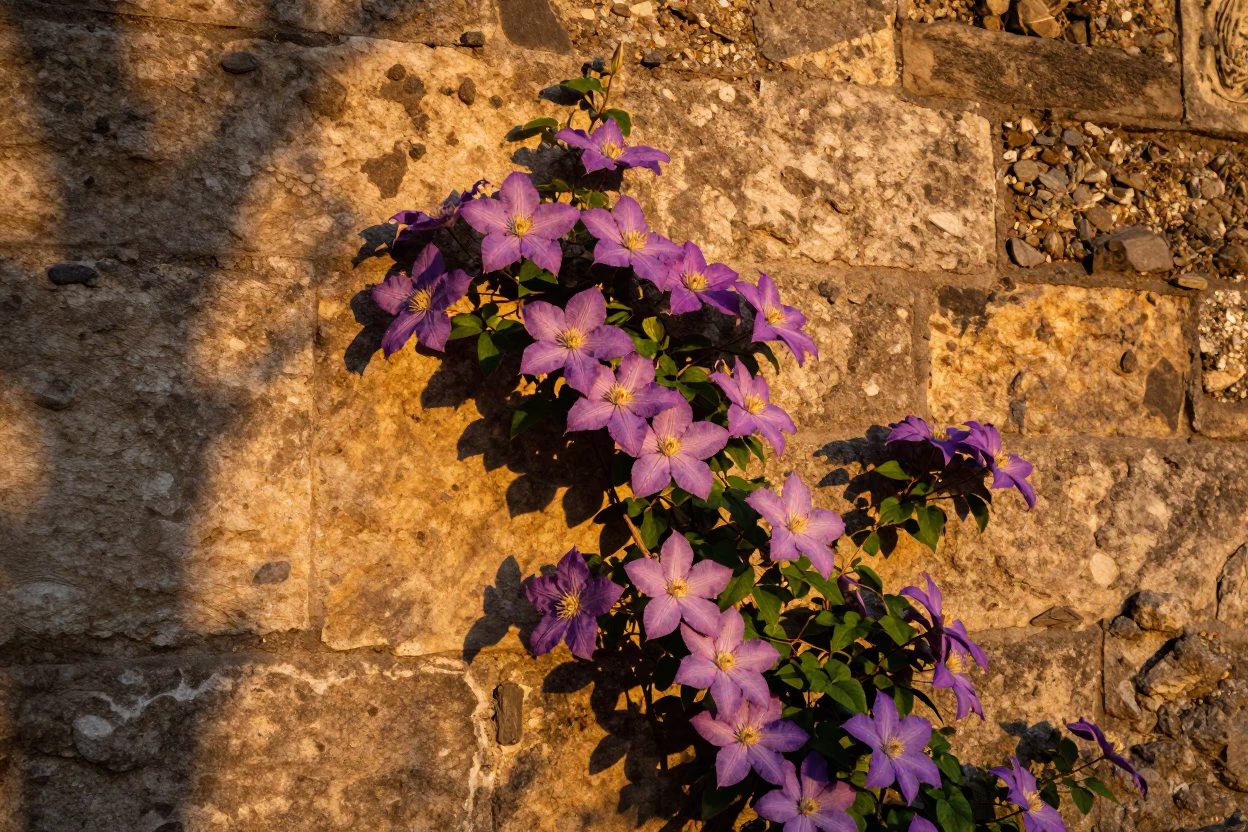 Honeyed Evening Light Illuminating Clematis Vines on Stone Wall in Berlin Germany in in Berlin, Germany