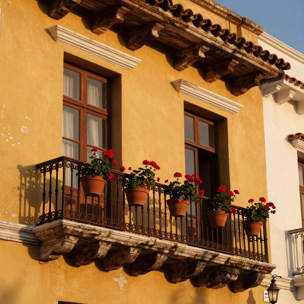 Honeyed Evening Light Illuminating Colonial Balconies and Potted Geraniums in Cartagena Colombia in in Cartagena, Colombia