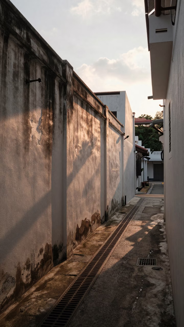 Honeyed Evening Light Illuminating Condensation on Drain in Singapore Street Scene in in Singapore, Singapore