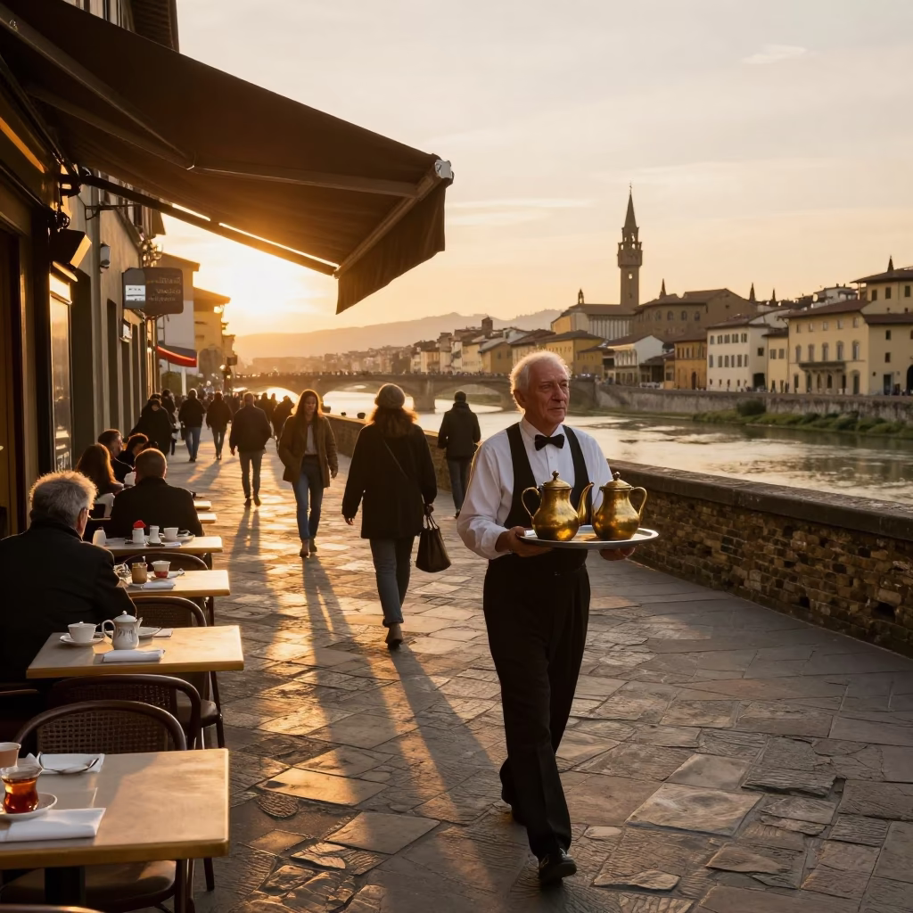 Honeyed Evening Light Illuminating Florence Street Cafe with Tea Kettles and Local Diners in in Florence, Italy