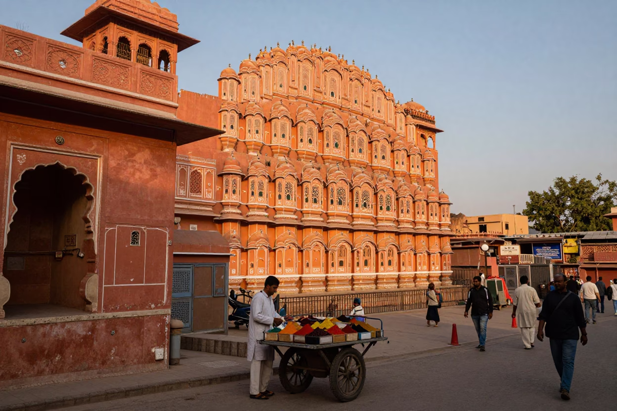 Honeyed Evening Light Illuminating Jaipur Street Life and Local Commerce in in Jaipur, India