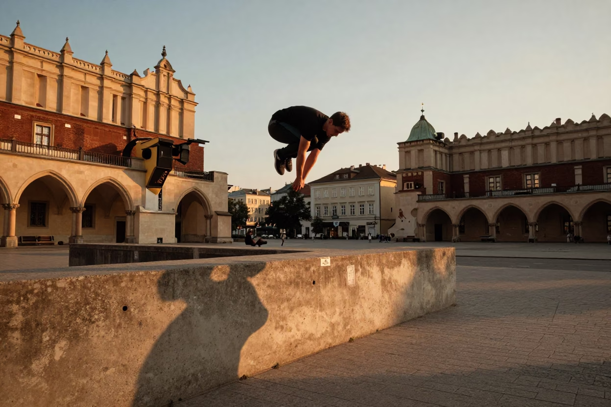 Honeyed Evening Light Illuminating Krakow Poland Street Scene with Parkour Athlete in in Krakow, Poland