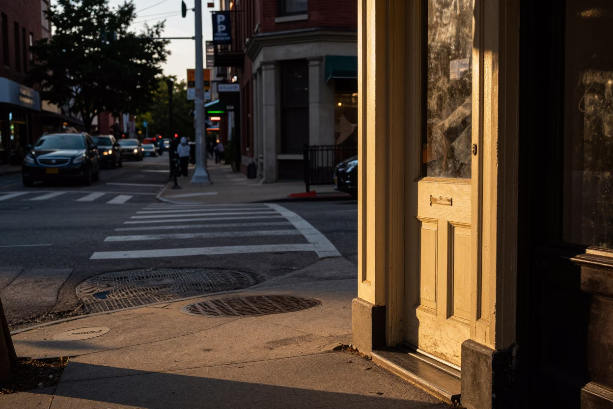 Honeyed Evening Light Illuminating Philadelphia Street Corner with Doorframe and Urban Details in in Philadelphia, Pennsylvania, United States
