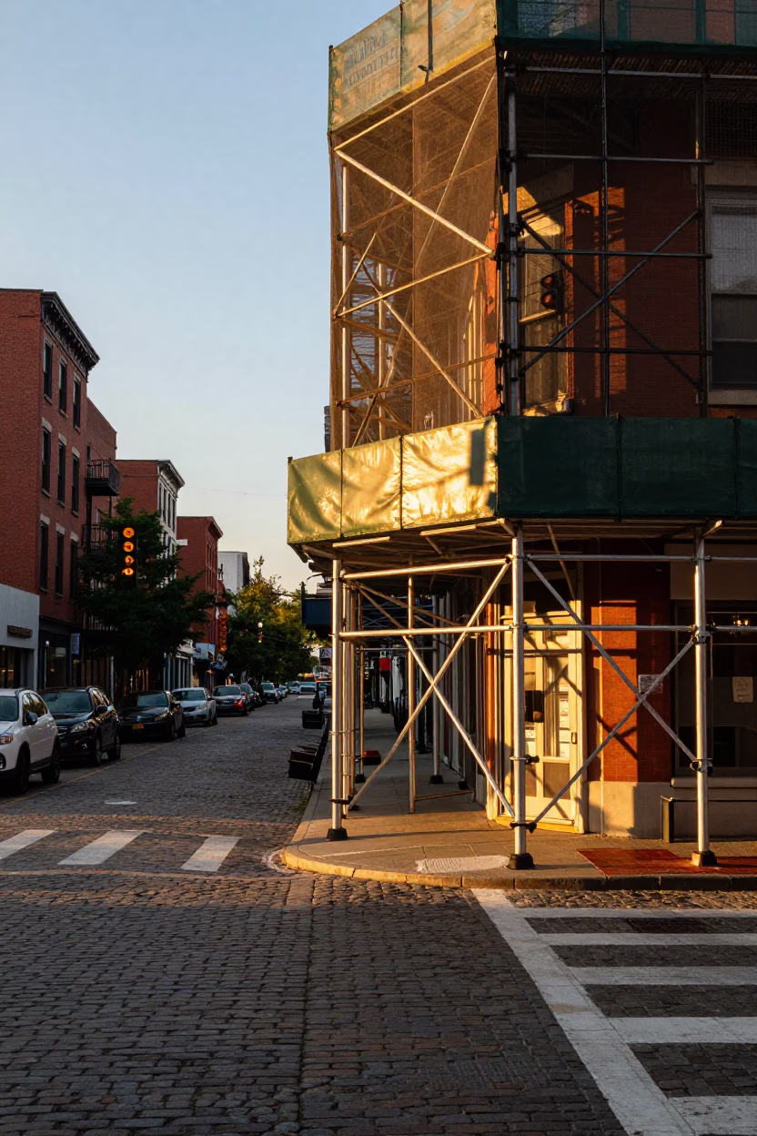 Honeyed Evening Light Illuminating Philadelphia Street Corner with Scaffolding and Urban Life in in Philadelphia, Pennsylvania, United States
