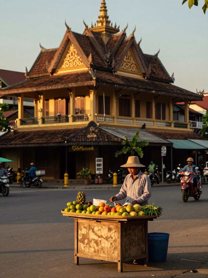 Honeyed Evening Light Illuminating Phnom Penh Street Scene with Traditional Elements in in Phnom Penh, Cambodia