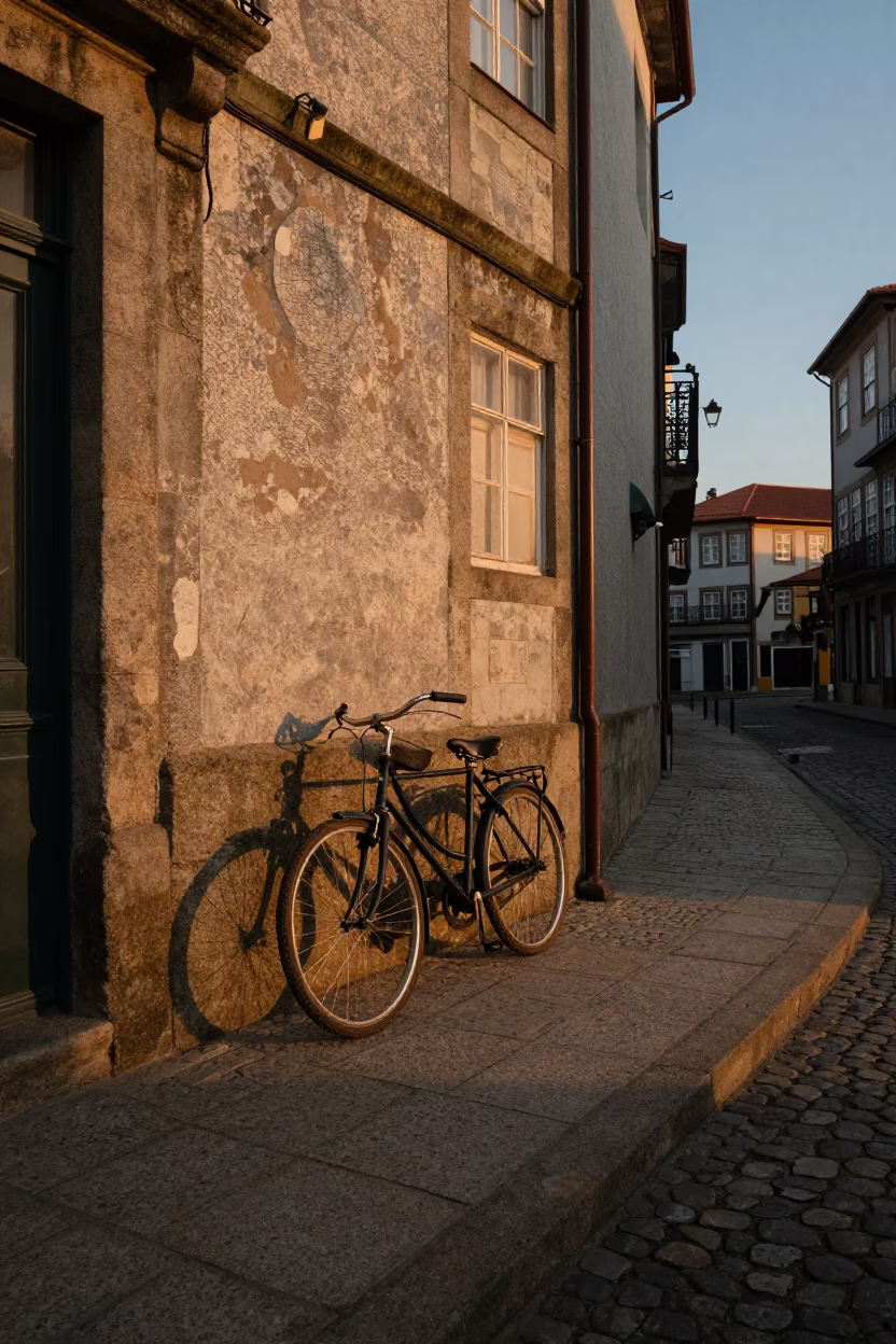 Honeyed Evening Light Illuminating Porto Portugal Street Scene with Vintage Bicycle and Bookend Detail in in Porto, Portugal