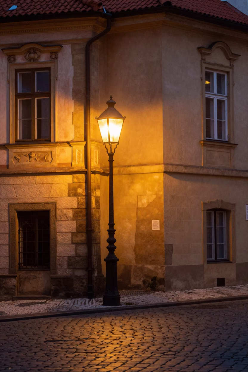 Honeyed Evening Light Illuminating Prague Street Corner with Lantern and Magazine Rack in in Prague, Czech Republic