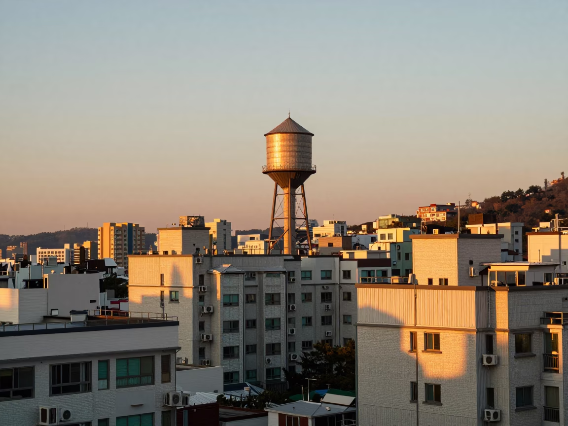 Honeyed Evening Light Illuminating Rooftop Water Tower in Seoul South Korea Urban Landscape in in Seoul, South Korea