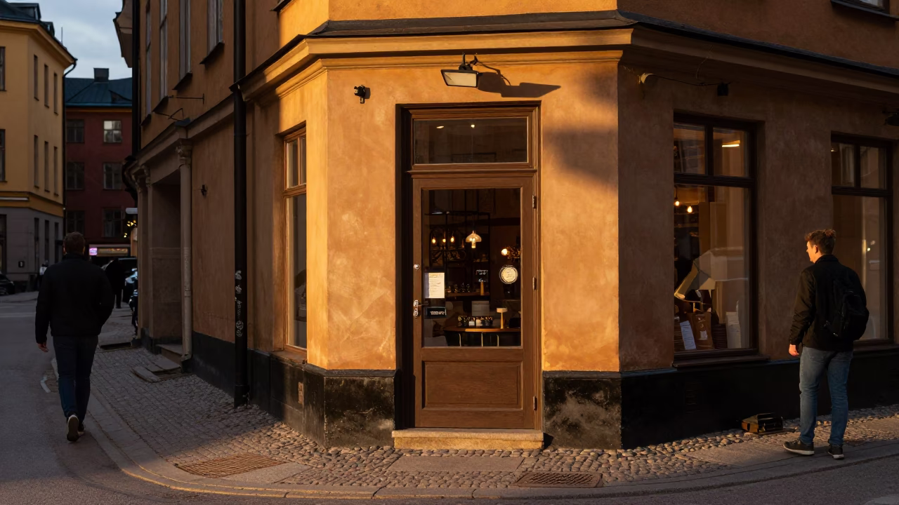 Honeyed Evening Light Illuminating Stockholm Street Scene with Pedestrians and Classic Architecture in in Stockholm, Sweden
