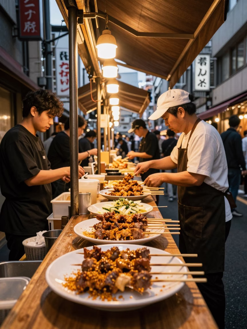 Honeyed Evening Light Illuminating Street Food Stall in Tokyo Japan with Suya Skewers in in Tokyo, Japan