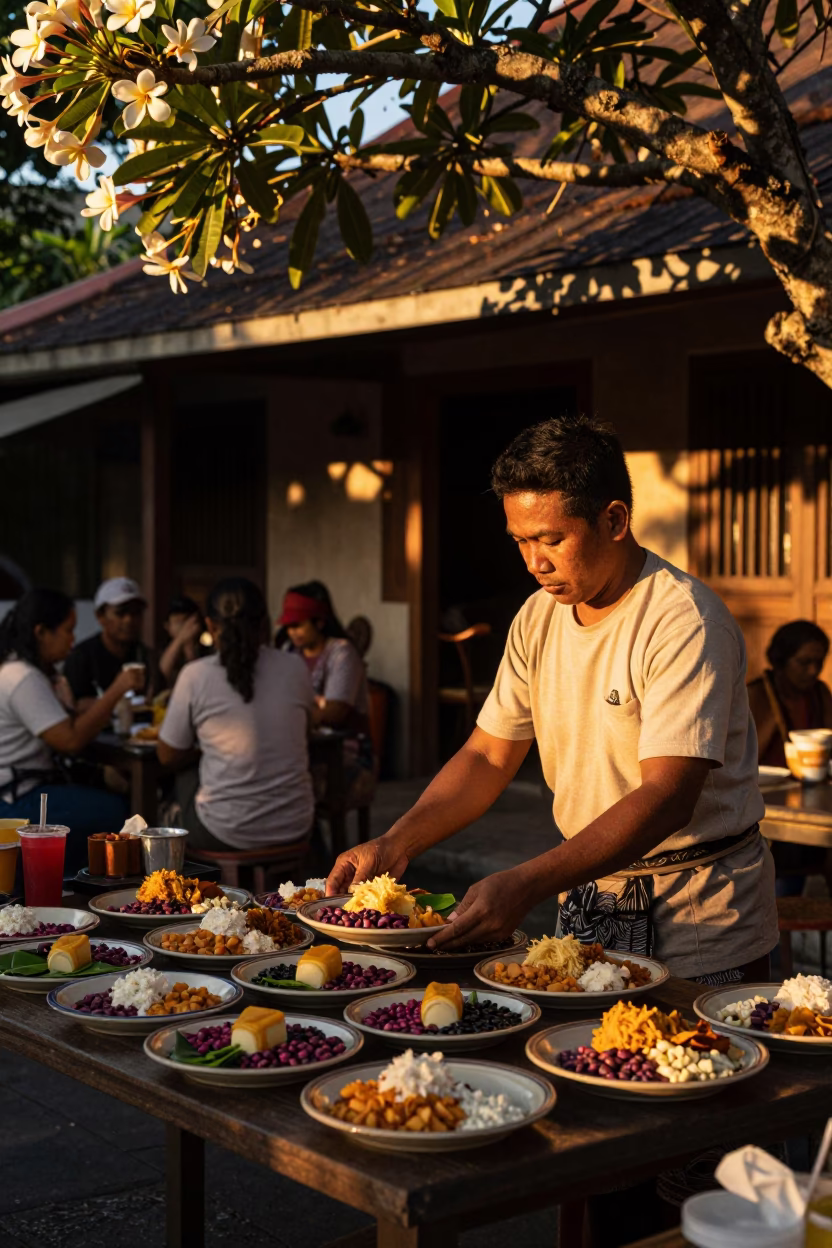 Honeyed Evening Light Illuminating Traditional Balinese Street Dining in Denpasar Indonesia in in Denpasar, Indonesia