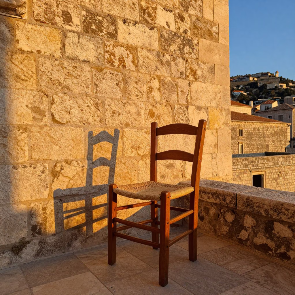 Honeyed Evening Light Illuminating Traditional Ladder-Back Chair on Dubrovnik Stone Terrace in in Dubrovnik, Croatia