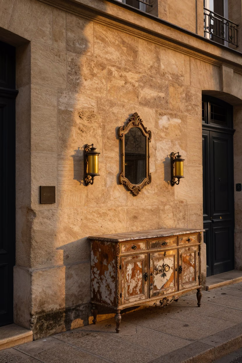 Honeyed Evening Light Illuminating Traditional Lyon Brass Fixtures and Street Details in in Lyon, France