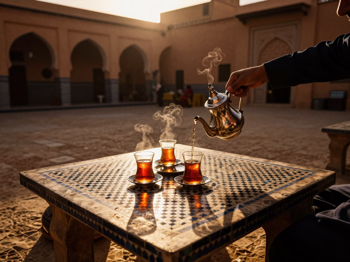 Honeyed Evening Light Illuminating Traditional Tea Service in Marrakech Medina Courtyard in in Marrakech, Morocco