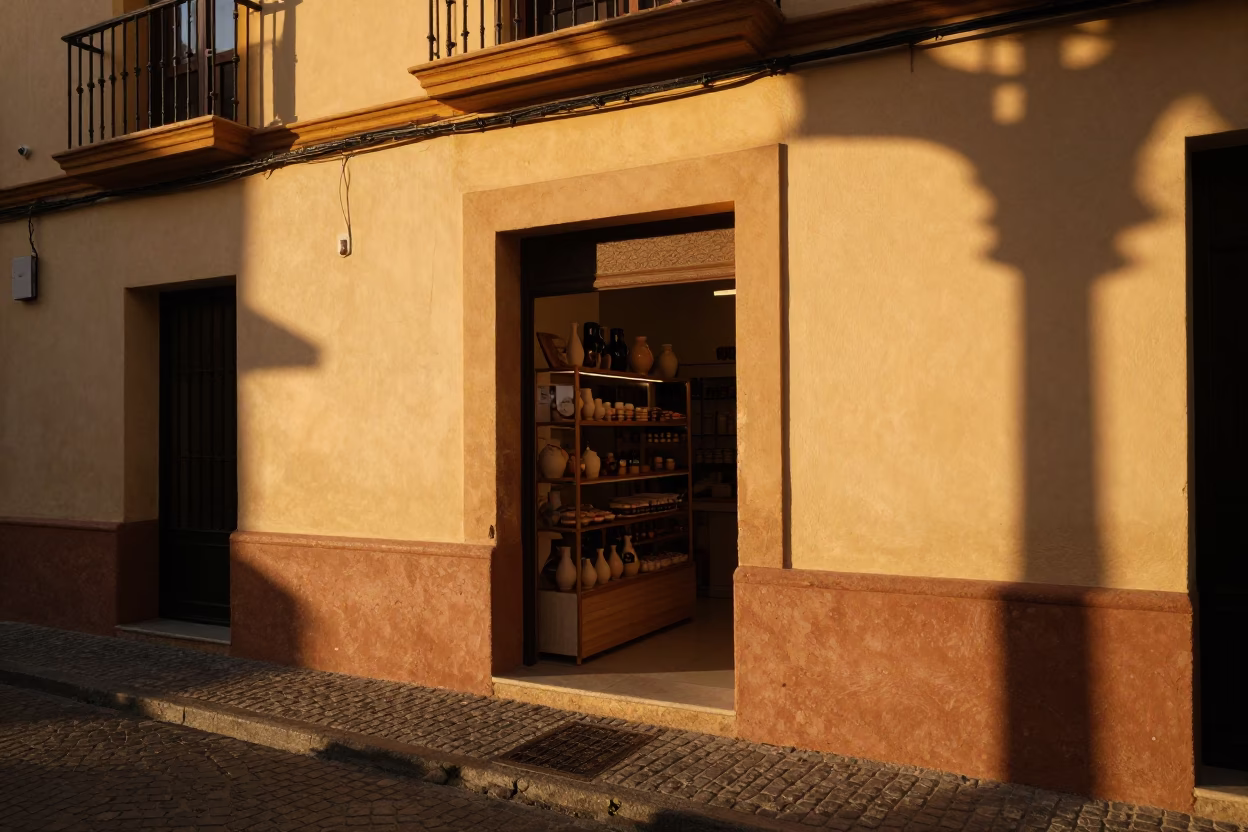 Honeyed Evening Light Illuminating Valencia Street Scene with Pottery Shard and Whisks in in Valencia, Spain