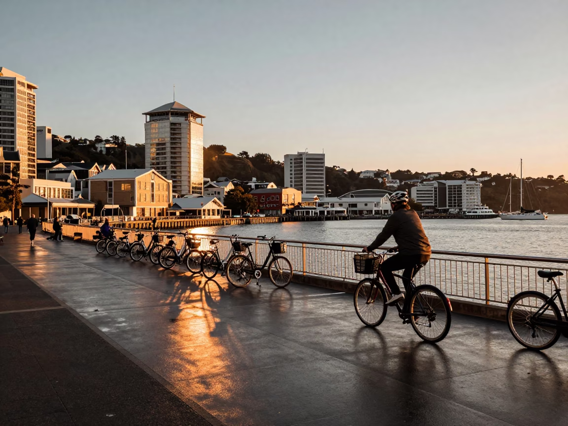 Honeyed Evening Light Illuminating Wellington New Zealand Harbor Waterfront Scene in in Wellington, New Zealand