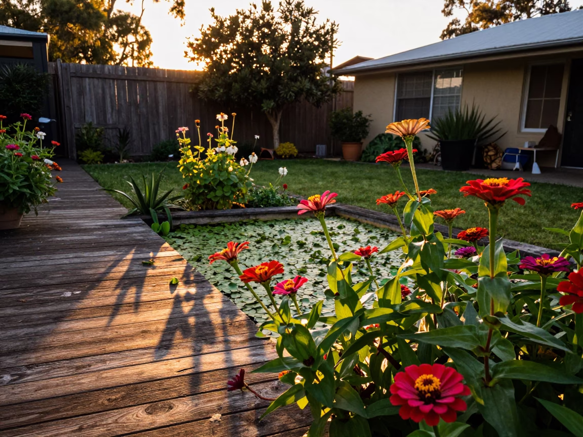 Honeyed Evening Light Illuminating Zinnias and Duckweed in Adelaide South Australia Garden in in Adelaide, South Australia, Australia