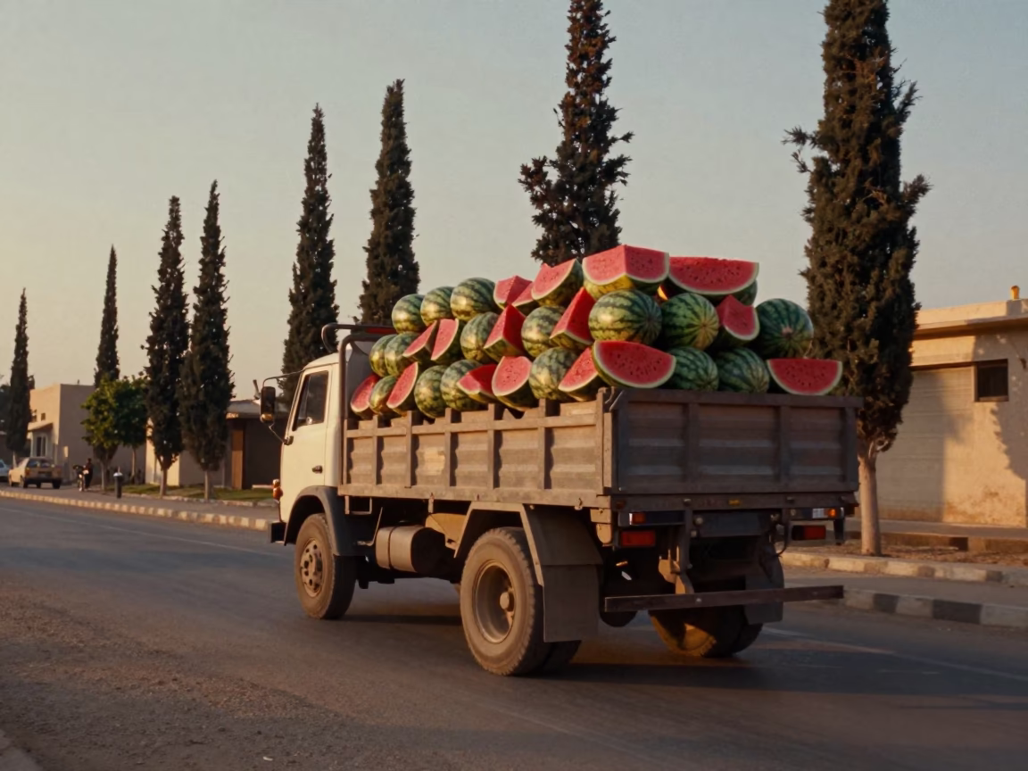 Honeyed Evening Light in Alexandria Egypt with Cypress Trees and Watermelon Truck in in Alexandria, Egypt