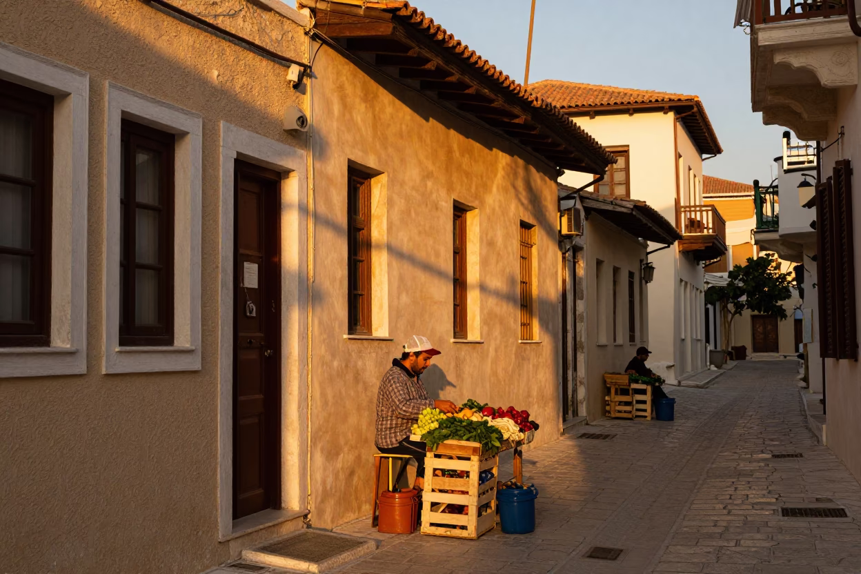 Honeyed Evening Light in Athens Greece Street Scene with Traditional Elements in in Athens, Greece