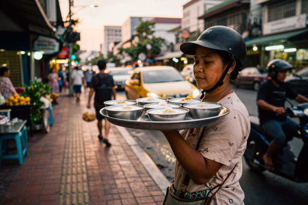 Honeyed Evening Light in Bangkok Thailand Street Scene with Traditional Desserts in in Bangkok, Thailand