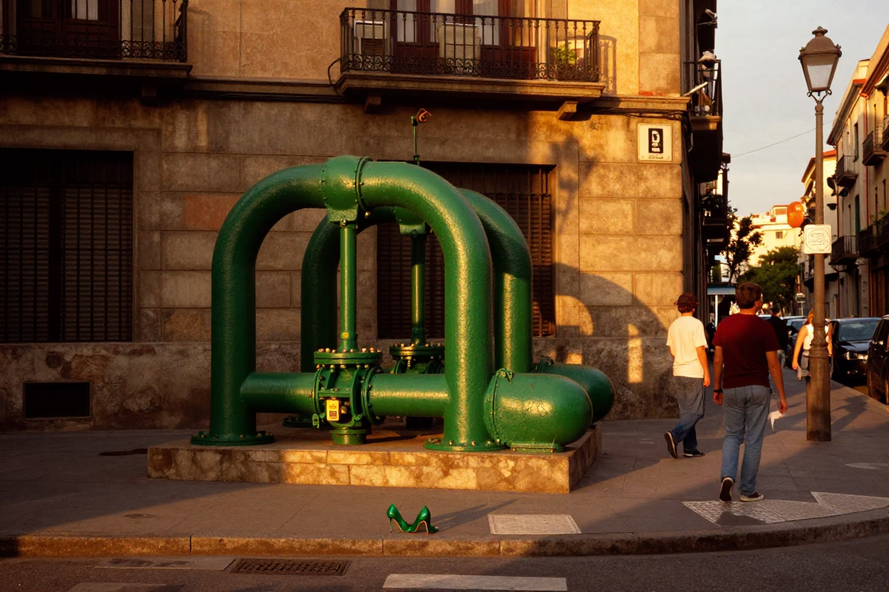 Honeyed Evening Light in Barcelona Spain Street Scene with Green Pumps in in Barcelona, Spain